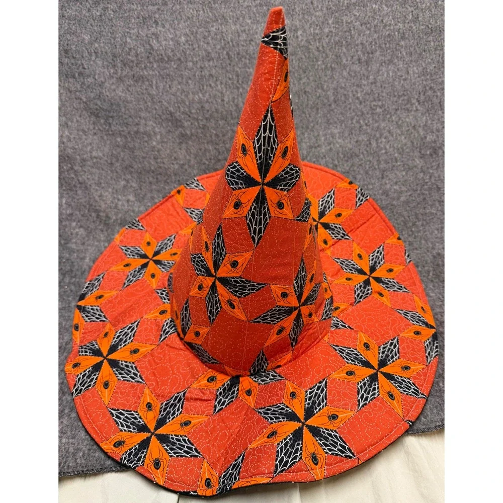 Handmade Quilted Reversible Witch Hat Orange Spider Web Bk Polka Dot Halloween
